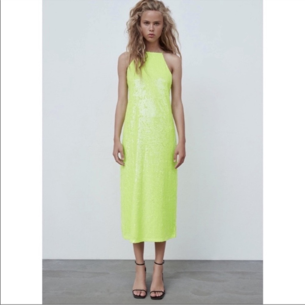 Zara Bright Yellow Sequin Halter Midi Dress